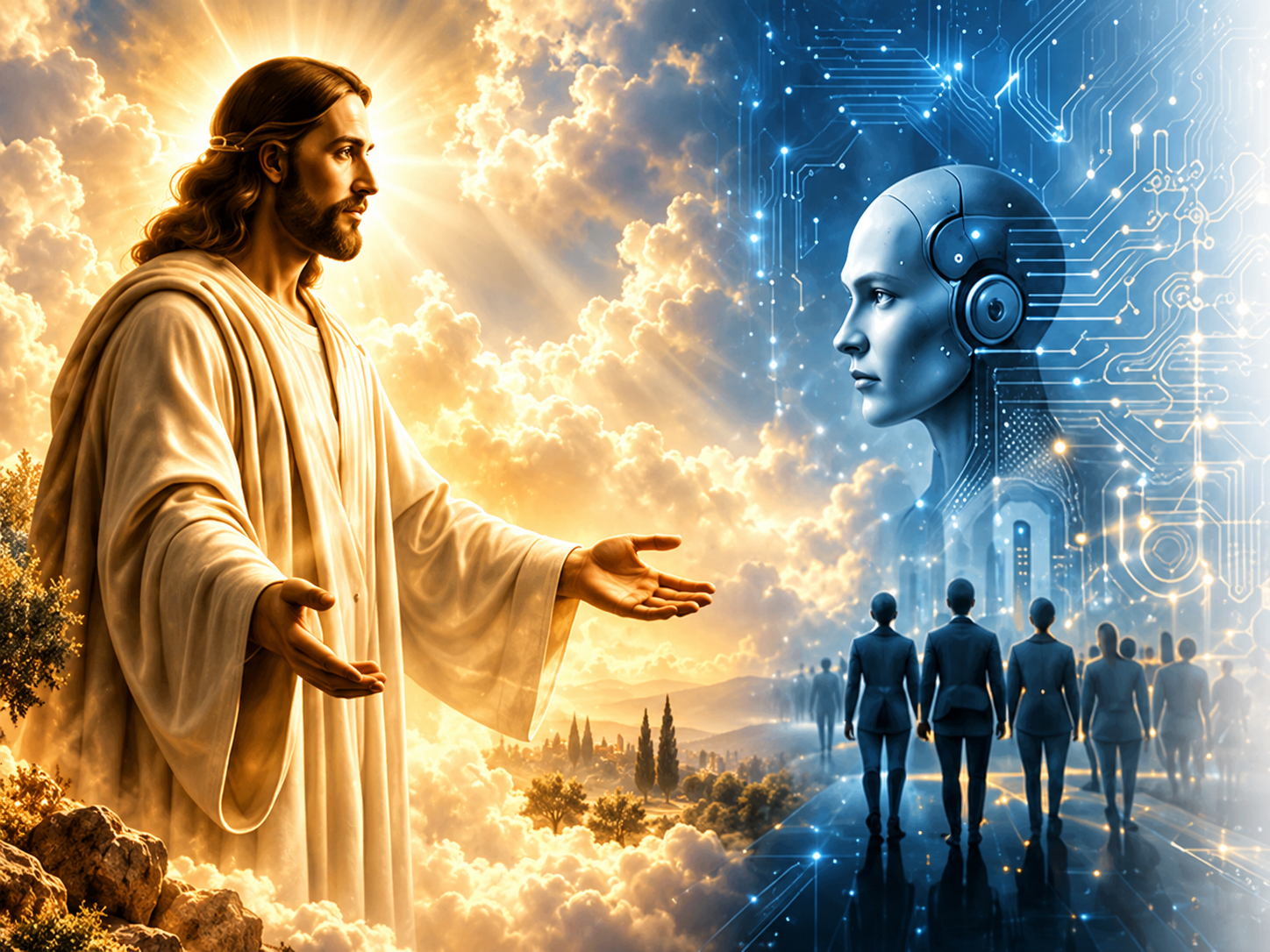 Jesus Christ facing an artificial intelligence figure, contrasting human dignity with emerging technology.